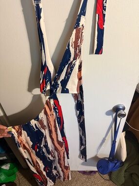 Abstract Print Tie-Back Maxi Dress in Navy, Cream & Rust